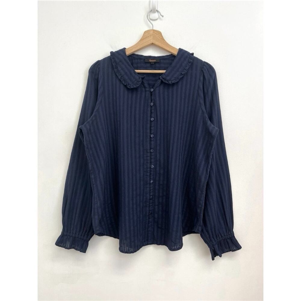 Quince Embroidered Cotton Ruffle Peter Pan Collar Button-Front Blouse Large - Picture 12 of 14